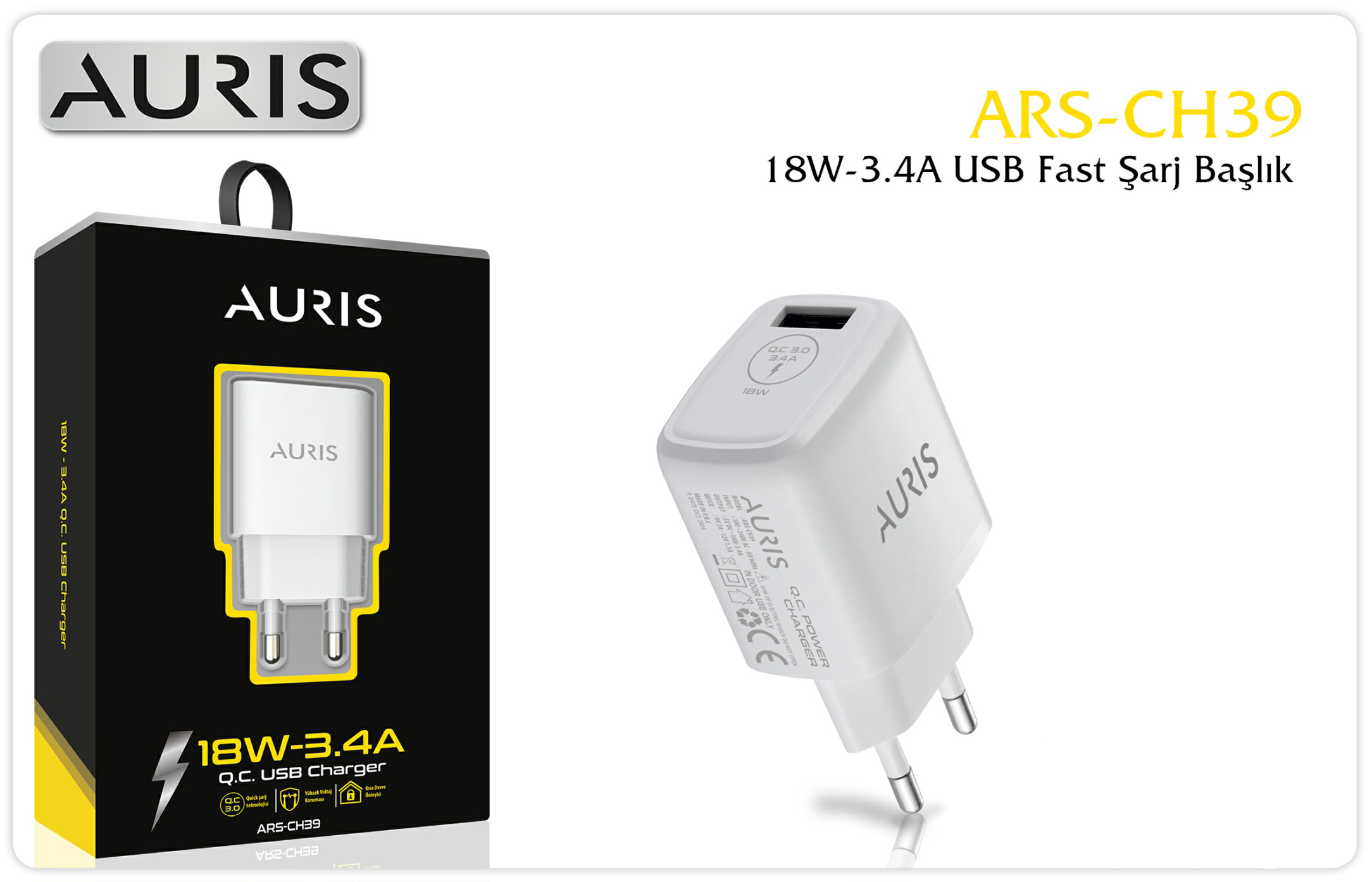 Auris CH39 USB Fast Kafa 3-4A – Beyaz USB Şarj Başlığı